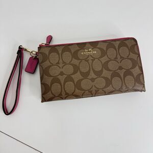 COACH Tan Coral Pink Signature Double Corner Zip Wristlet Coated Canvas